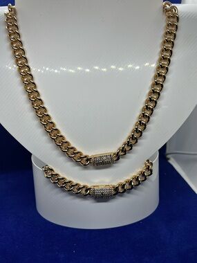 Gold Cuban Link Necklace and Bracelet Set with Pavé Barrel Accent